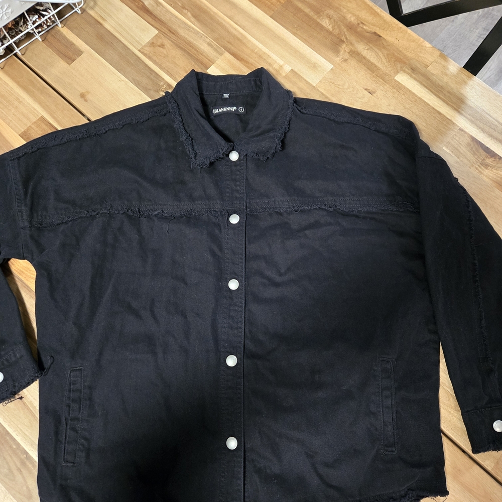 [Blank] Nyc Black  Denim Utility Jacket Raw Frayed Hem